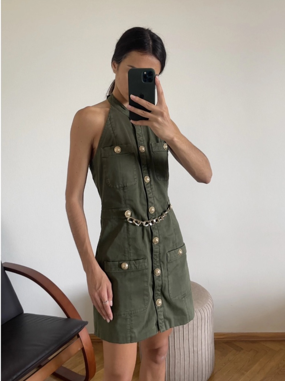 BALMAIN Military Green Khaki Cotton Halter Mini Dress with Gold Chain Belt - Picture 7 of 14